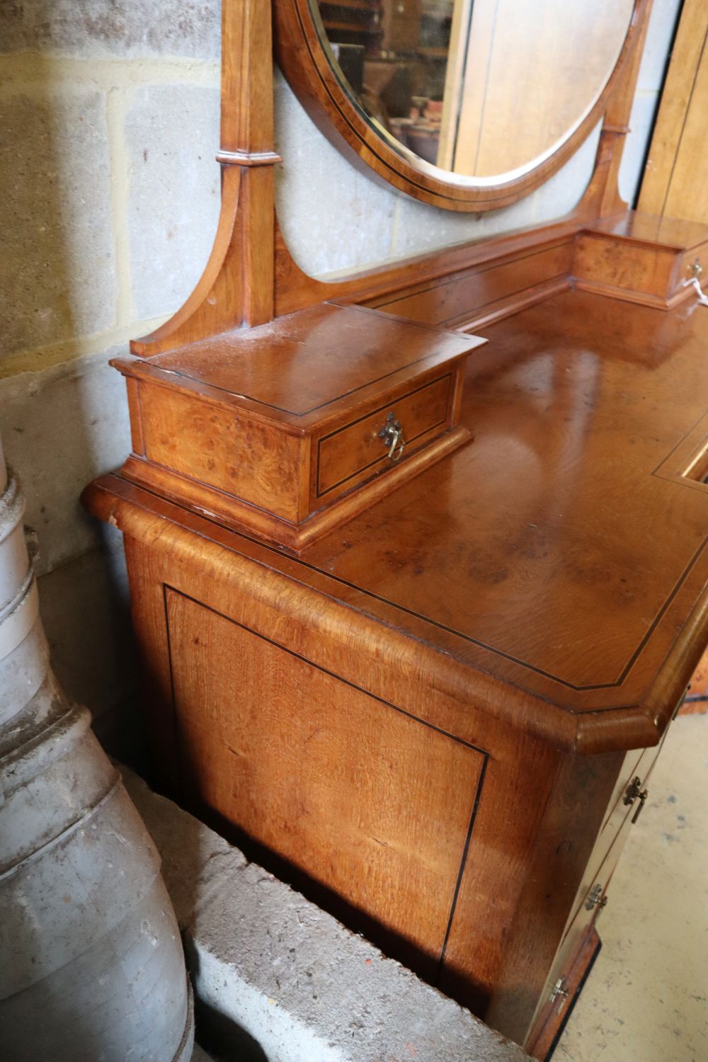 A late Victorian inlaid burr and pollard oak inverse breakfront dressing chest, width 146cm depth 56cm height 178cm
